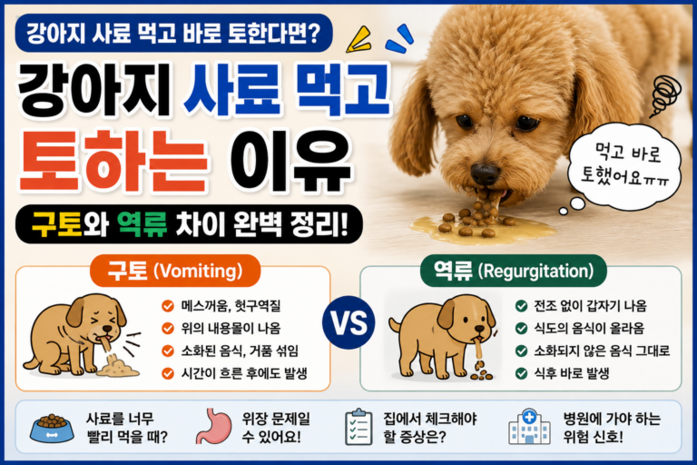 강아지 사료 먹고 토하는 이유, 구토와 역류 차이 어떻게 구별할까