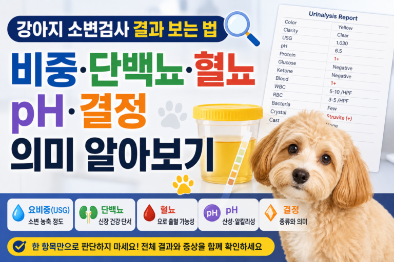 강아지 소변검사 결과 보는 법 비중·단백뇨·혈뇨·pH·결정 의미 알아보기