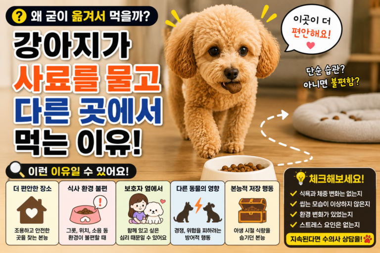 강아지가 사료를 물고 다른 곳에서 먹어요, 왜 이런 행동을 할까